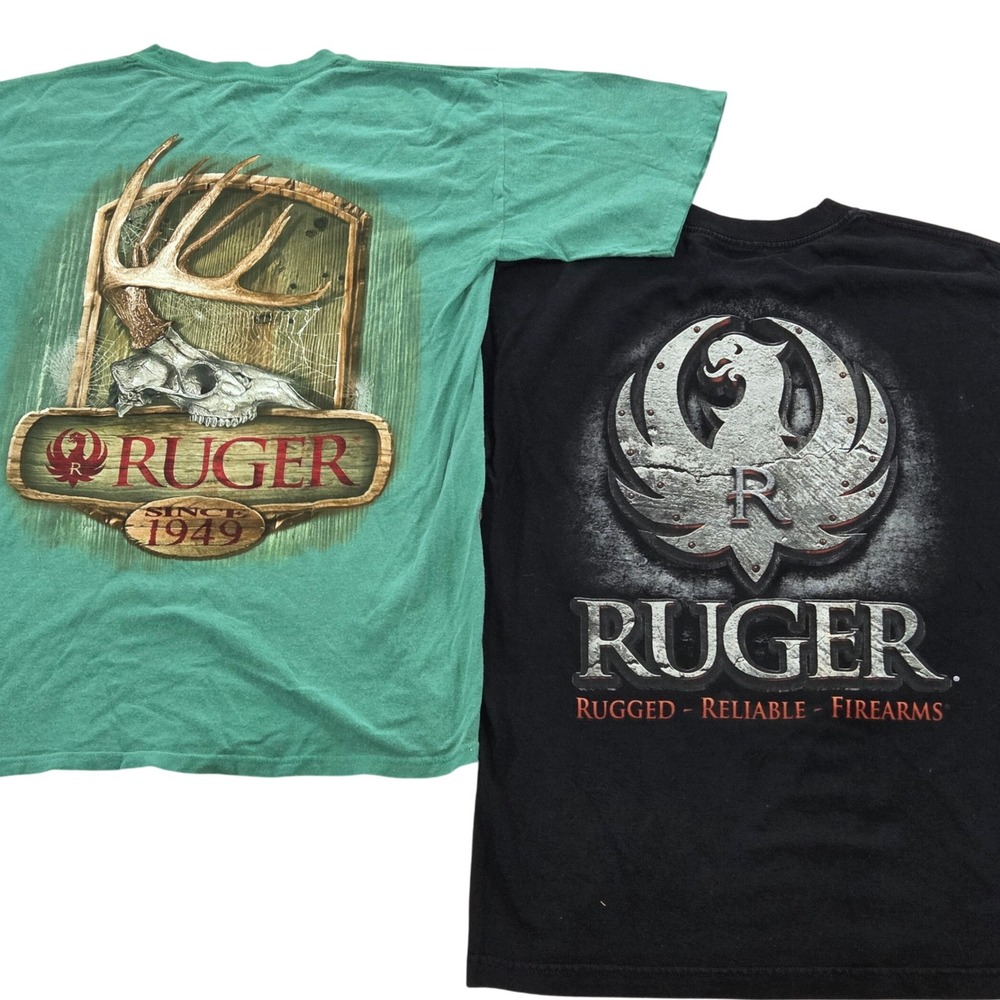 x2 Ruger T Shirts Bundle Black Green Outdoors Skull Stag Hunting Mens M‎